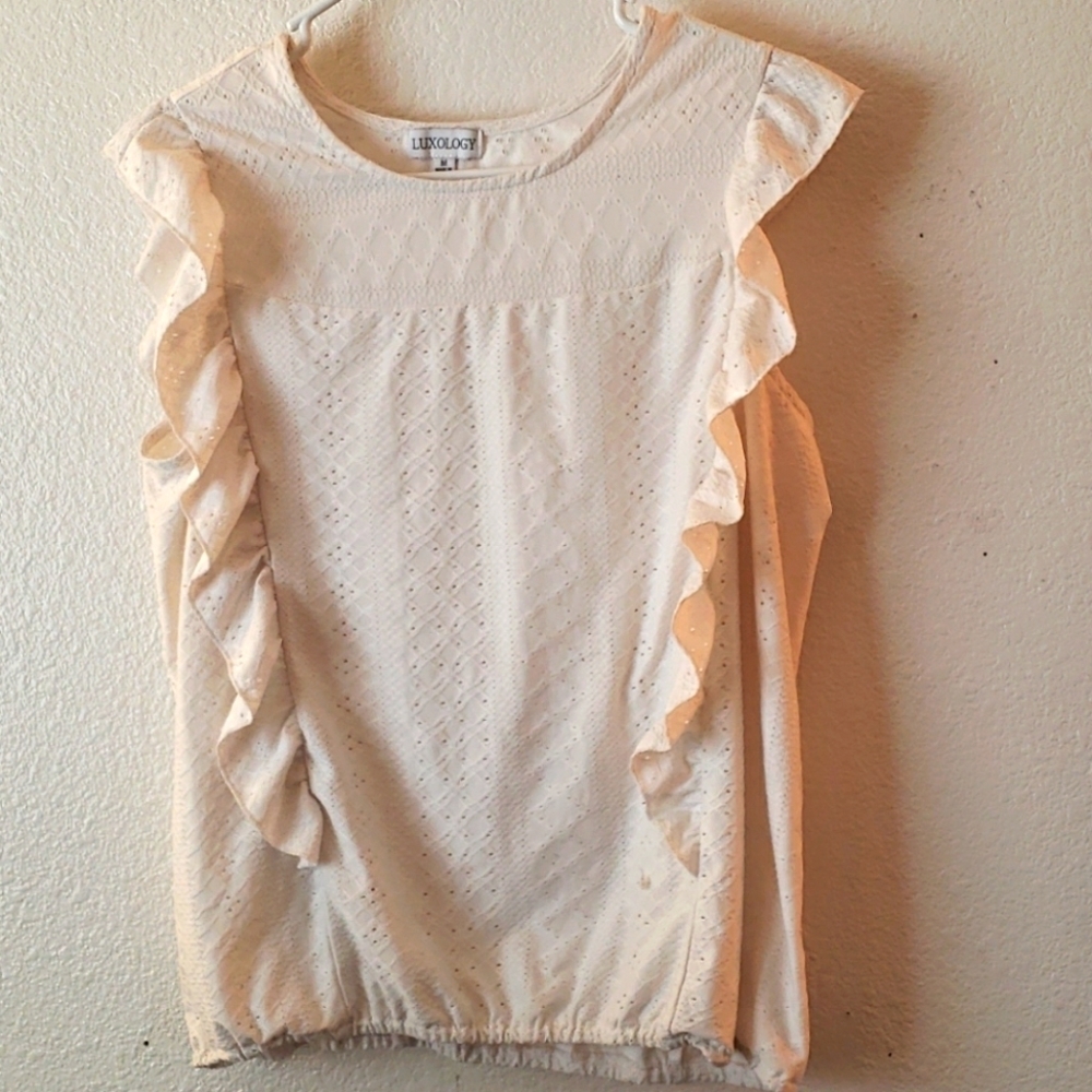 Luxology Cream Sleeveless Ruffled Knit Eyelet Top Size M